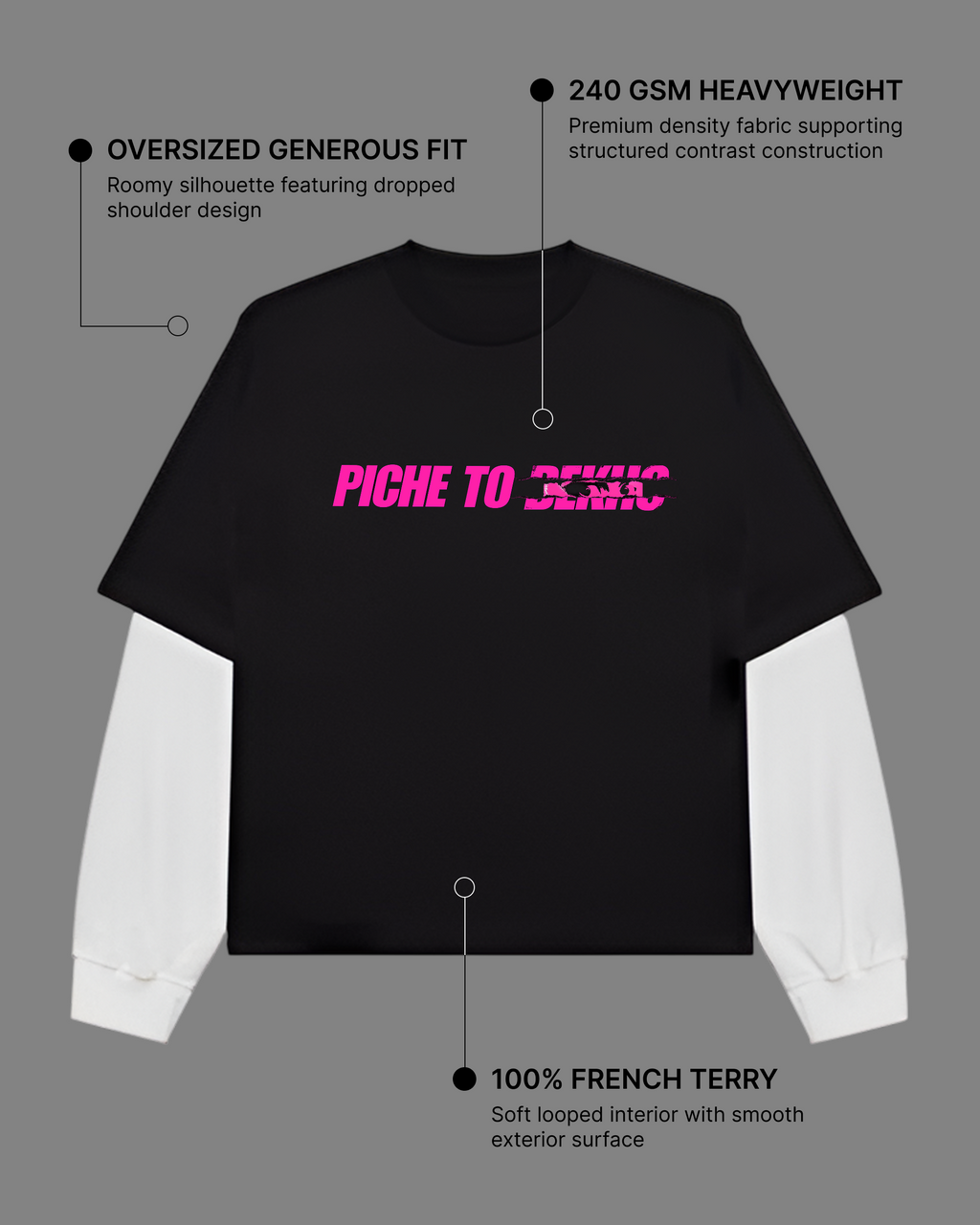 Piche To Dekho Black With White Sleeve Oversized T-Shirt | 240 GSM French Terry Cotton Graphic Tee
