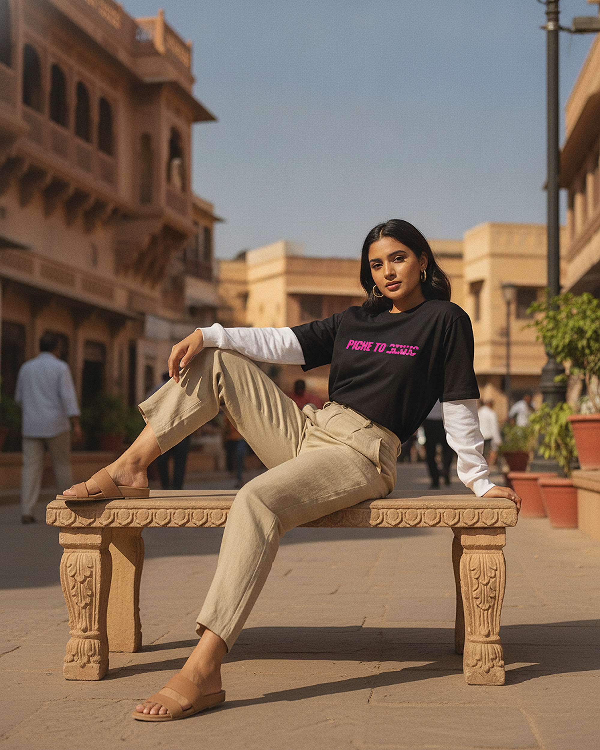 Piche To Dekho Black With White Sleeve Oversized T-Shirt | 240 GSM French Terry Cotton Graphic Tee