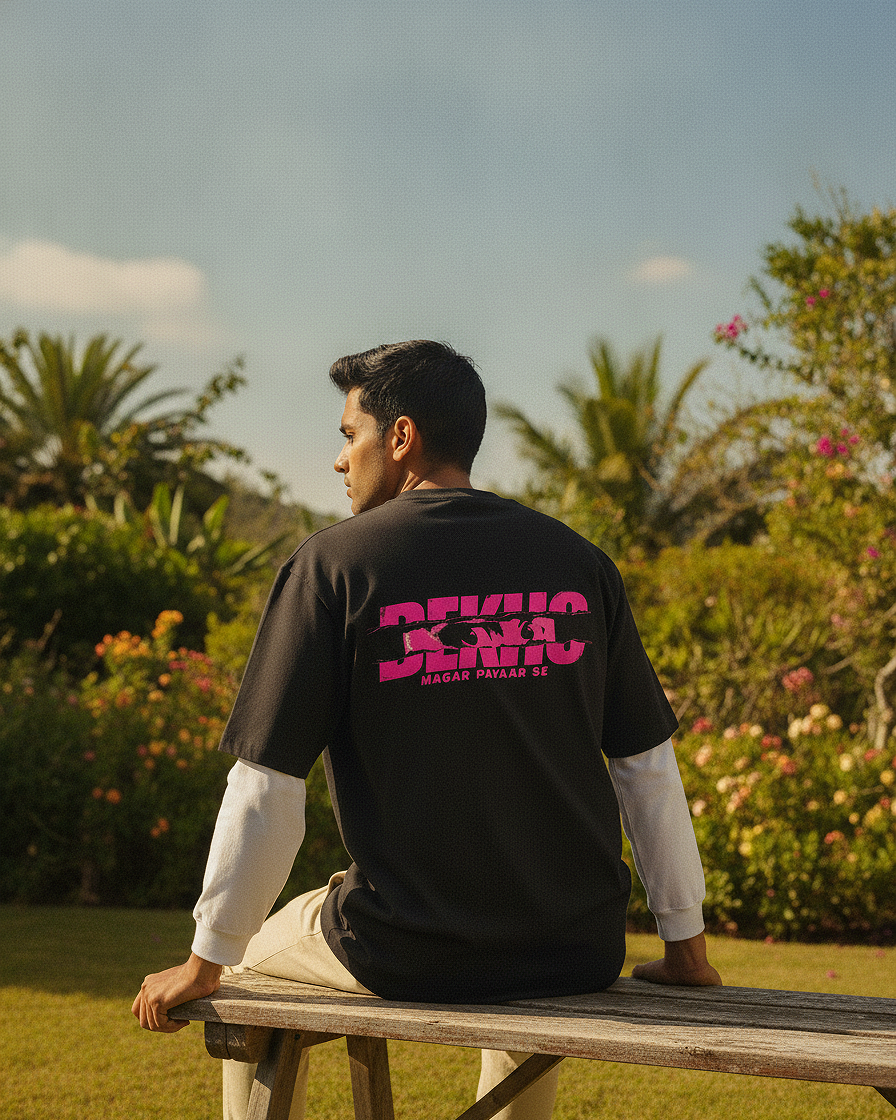 Piche To Dekho Black With White Sleeve Oversized T-Shirt | 240 GSM French Terry Cotton Graphic Tee