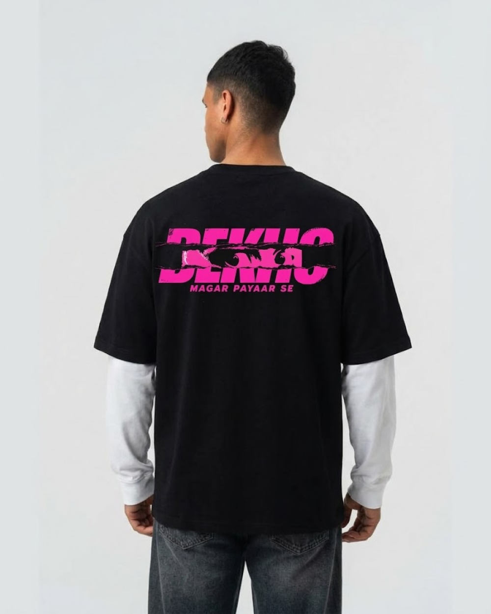 Piche To Dekho Black With White Sleeve Oversized T-Shirt | 240 GSM French Terry Cotton Graphic Tee