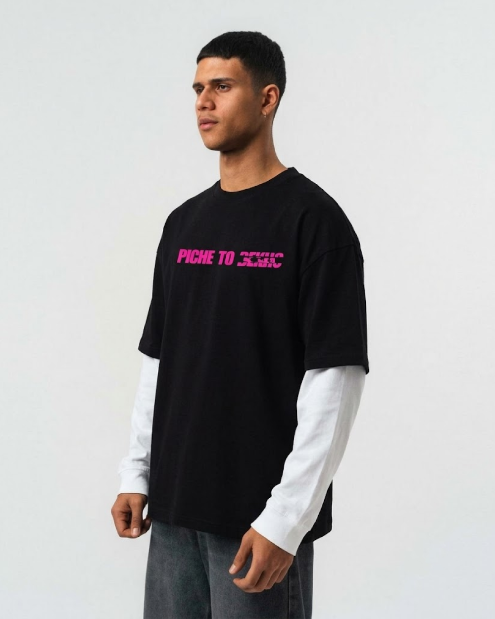 Piche To Dekho Black With White Sleeve Oversized T-Shirt | 240 GSM French Terry Cotton Graphic Tee