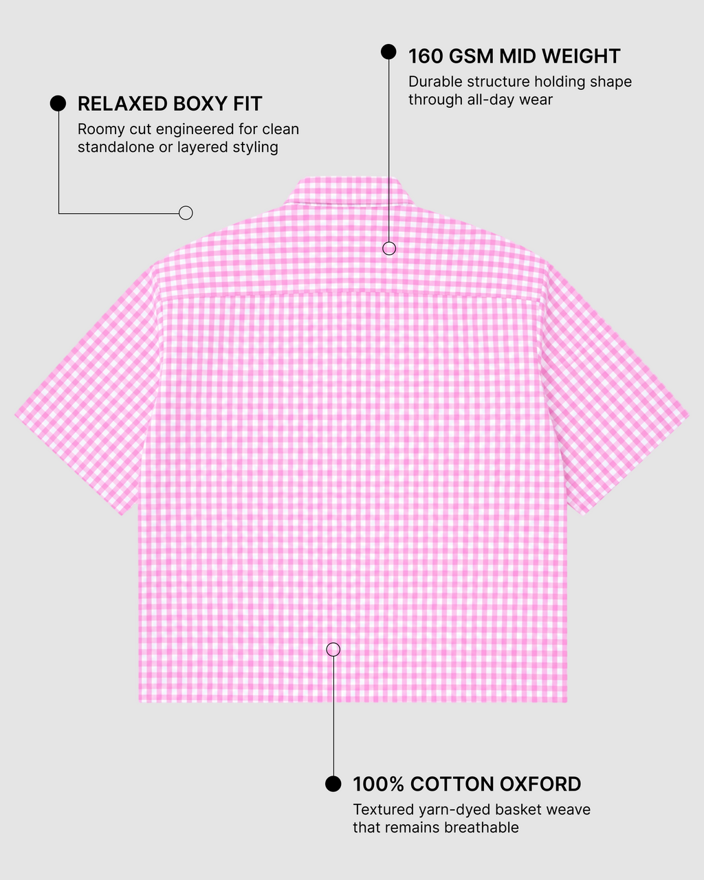 Pink Gingham Oxford Boxy Shirt | 160 GSM Cotton Oxford Check Shirt