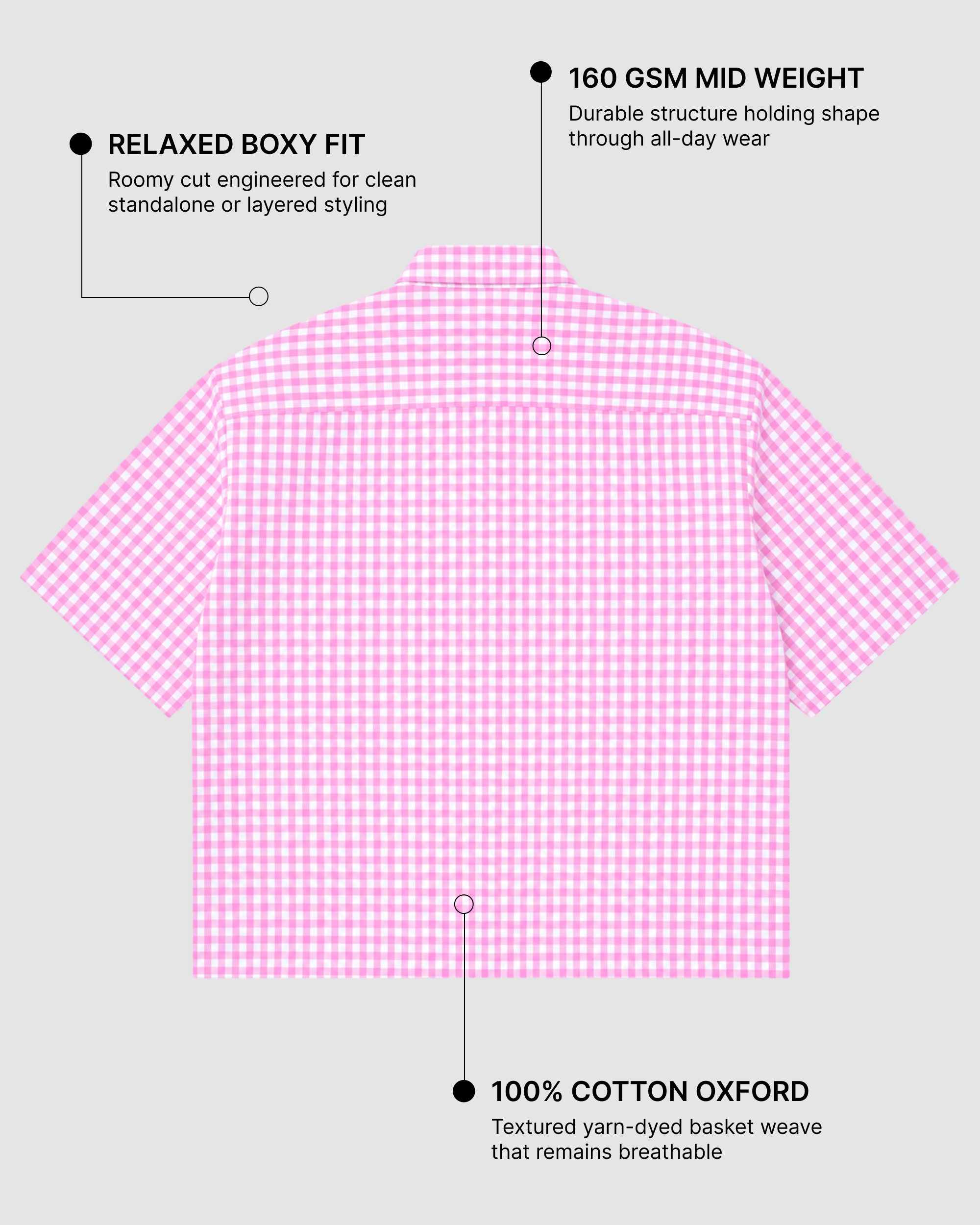 Pink Gingham Oxford Boxy Shirt | 160 GSM Cotton Oxford Check Shirt