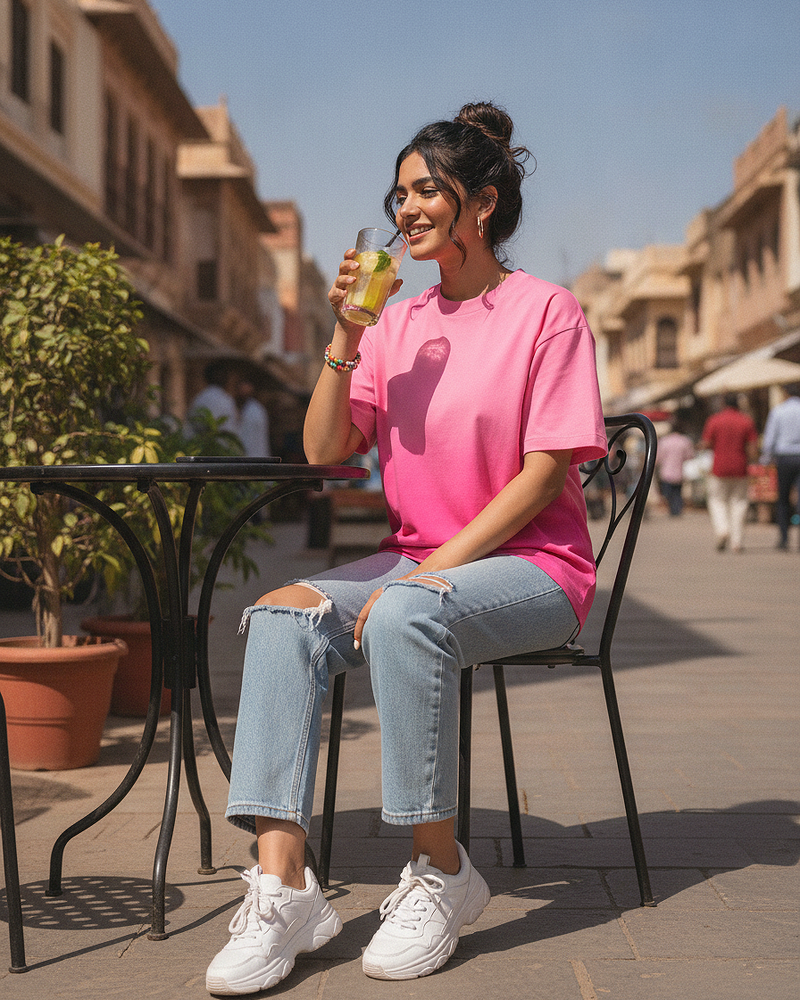 Pink Sunfade Ombre Wash Boxy Fit T-Shirt | 240 GSM French Terry Cotton Boxy Fit Tee