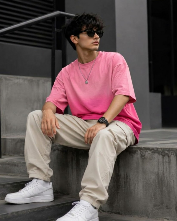 Pink Sunfade Ombre Wash Boxy Fit T-Shirt | 240 GSM French Terry Cotton Boxy Fit Tee