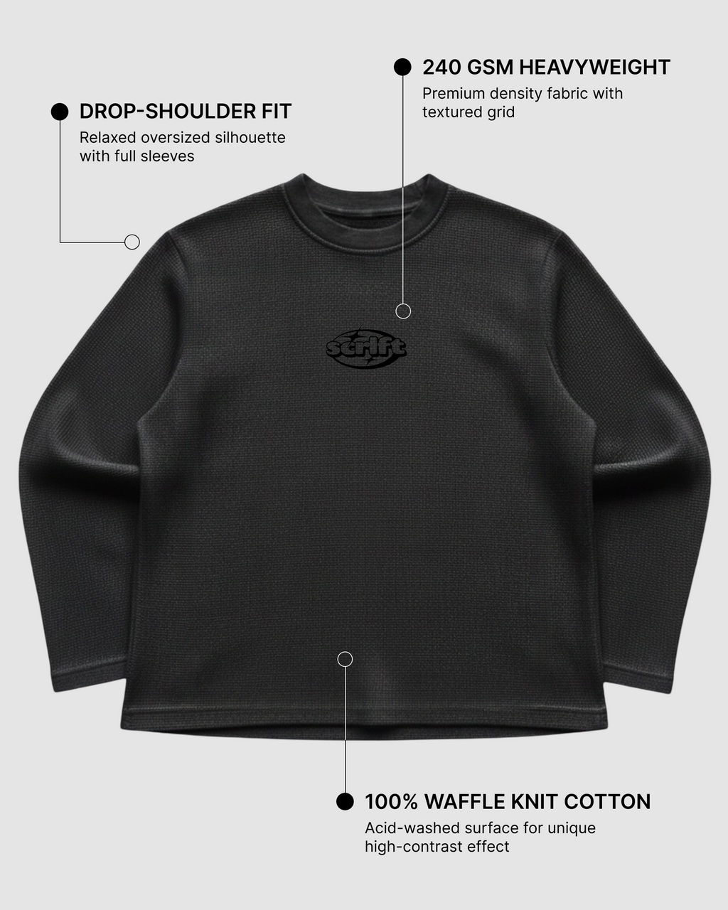 Rebel Roadster Tee | 240 GSM Black Cotton Waffle Knit Oversized Full-Sleeve Graphic T-shirt