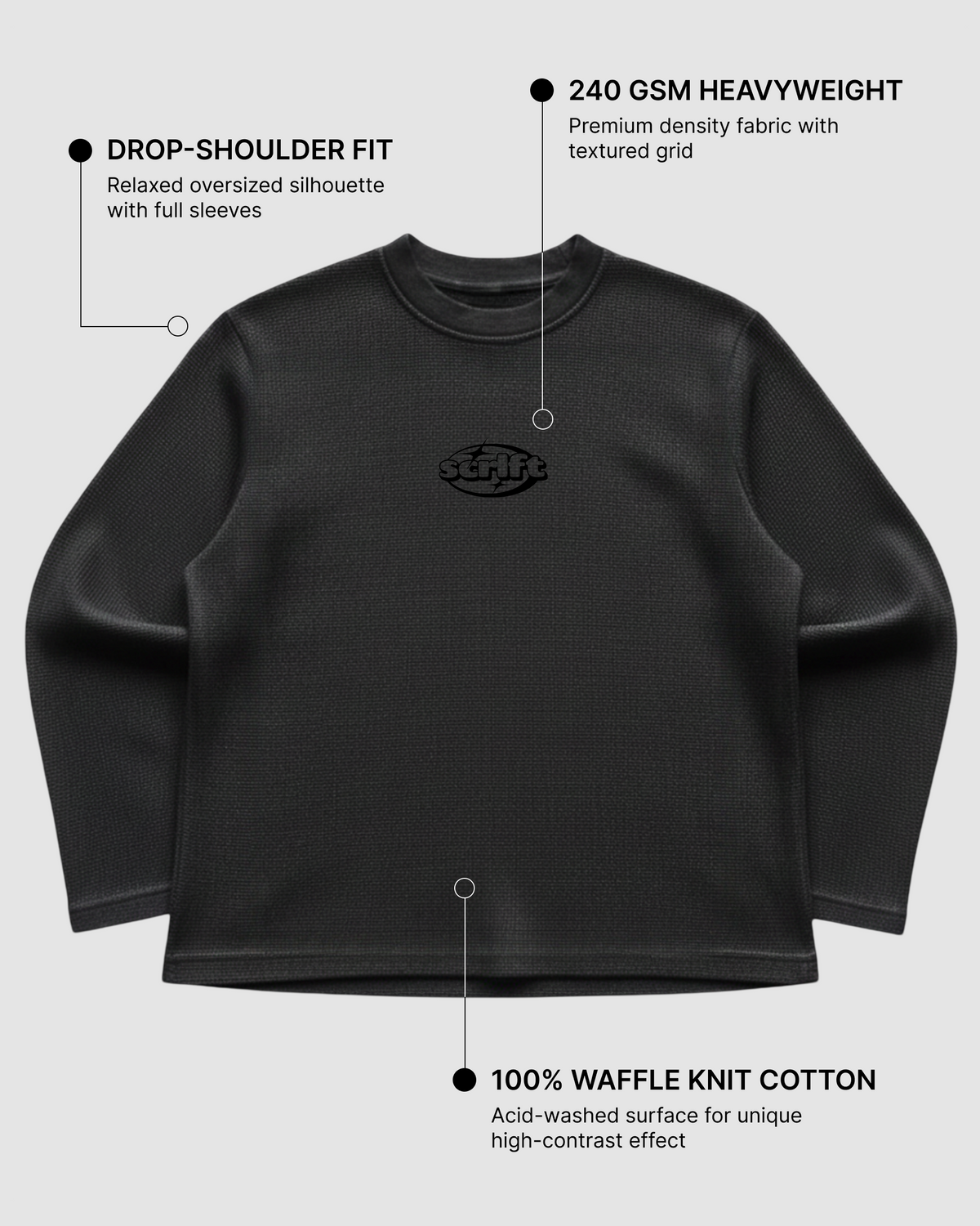 Rebel Roadster Tee | 240 GSM Black Cotton Waffle Knit Oversized Full-Sleeve Graphic T-shirt