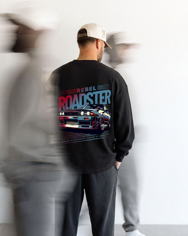 Rebel Roadster Tee | 240 GSM Black Cotton Waffle Knit Oversized Full-Sleeve Graphic T-shirt