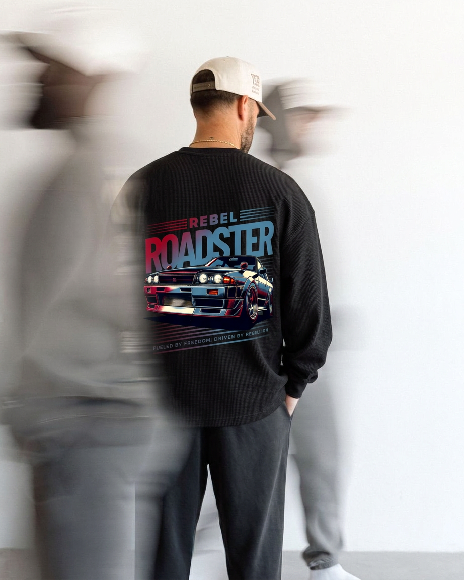 Rebel Roadster Tee | 240 GSM Black Cotton Waffle Knit Oversized Full-Sleeve Graphic T-shirt