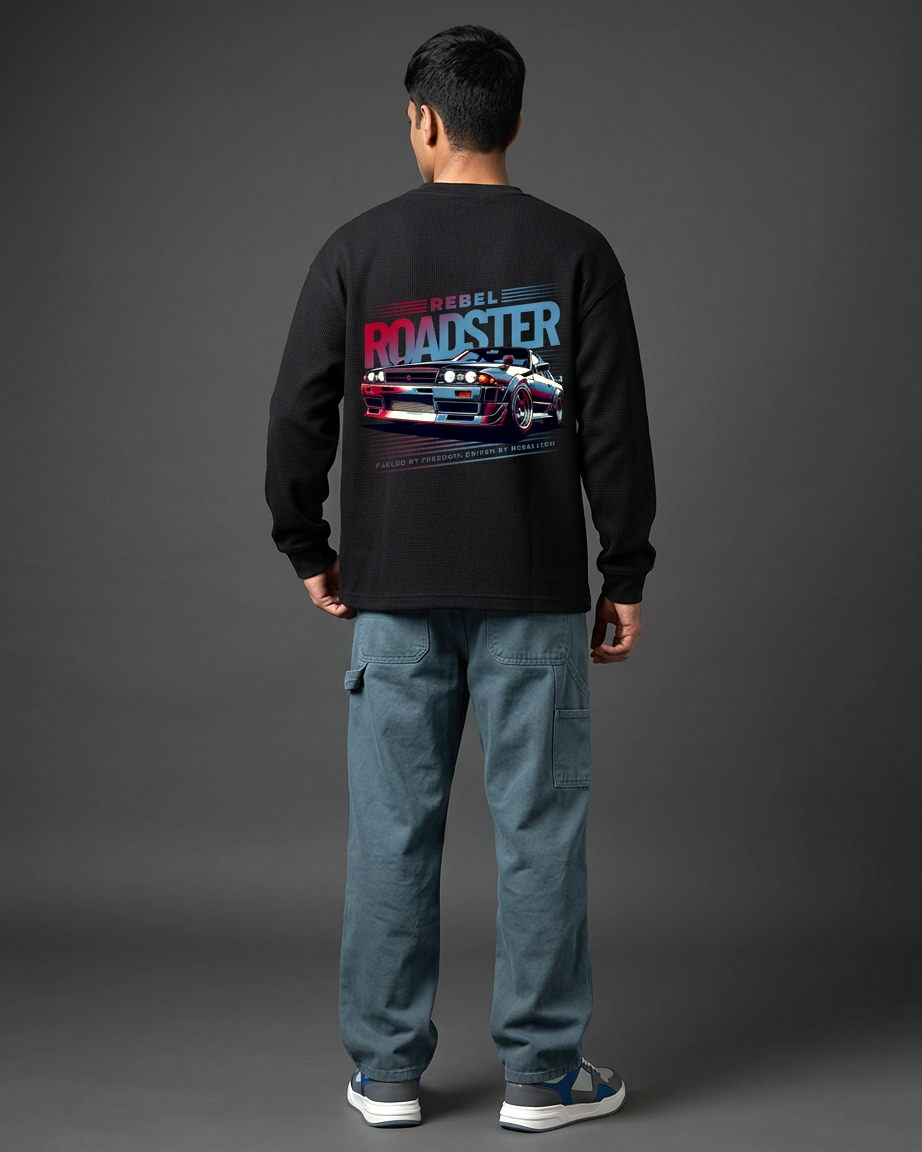 Rebel Roadster Tee | 240 GSM Black Cotton Waffle Knit Oversized Full-Sleeve Graphic T-shirt