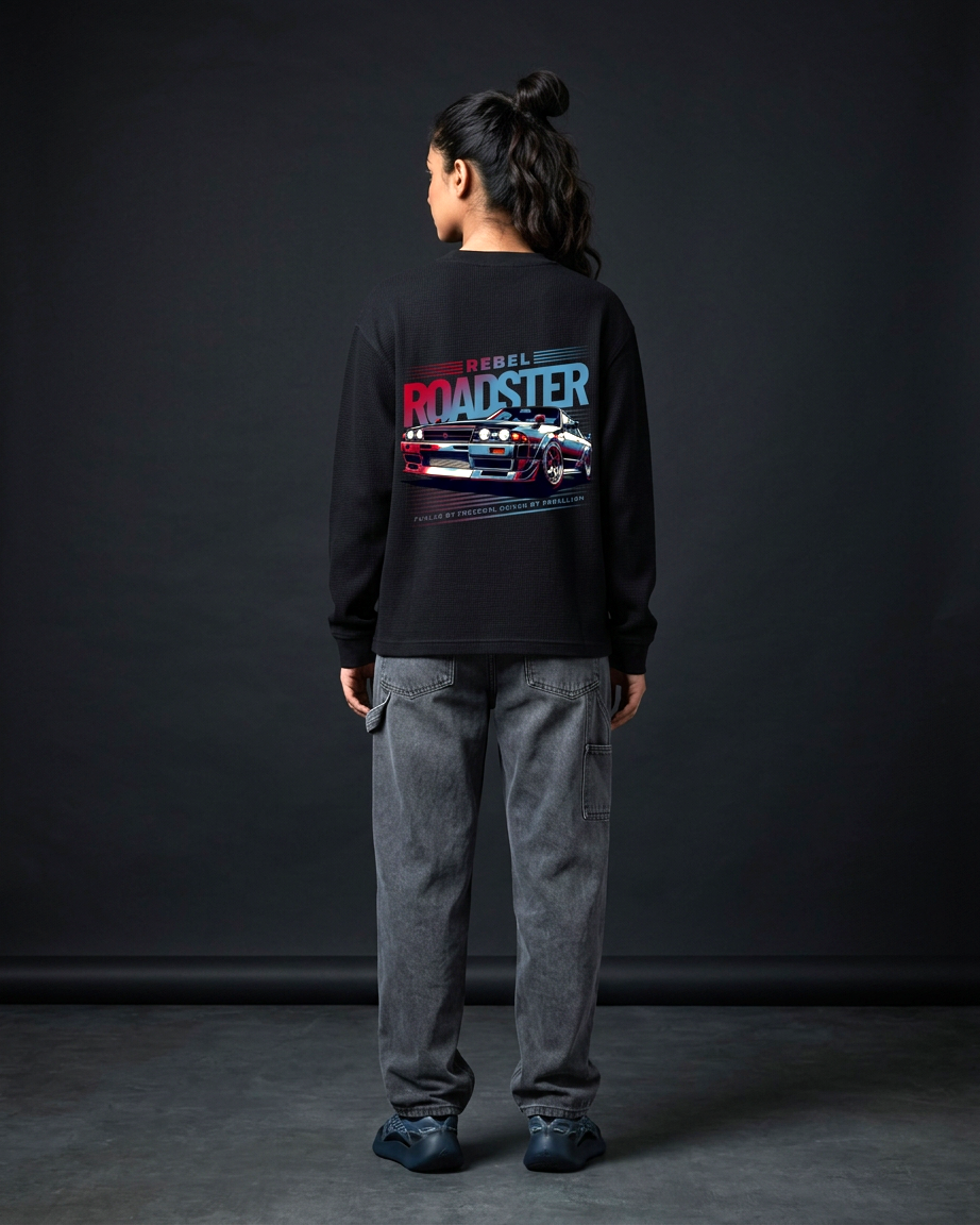 Rebel Roadster Tee | 240 GSM Black Cotton Waffle Knit Oversized Full-Sleeve Graphic T-shirt