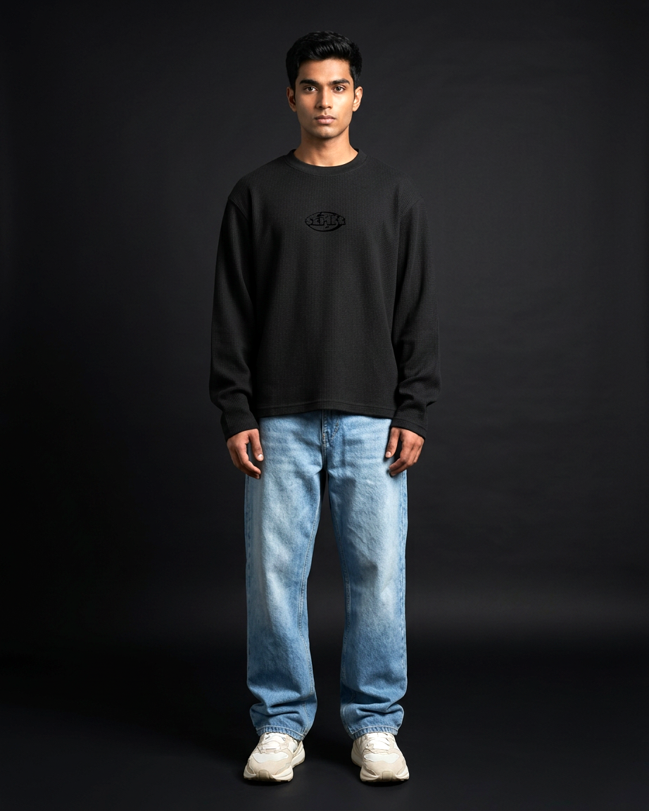 Rebel Roadster Tee | 240 GSM Black Cotton Waffle Knit Oversized Full-Sleeve Graphic T-shirt