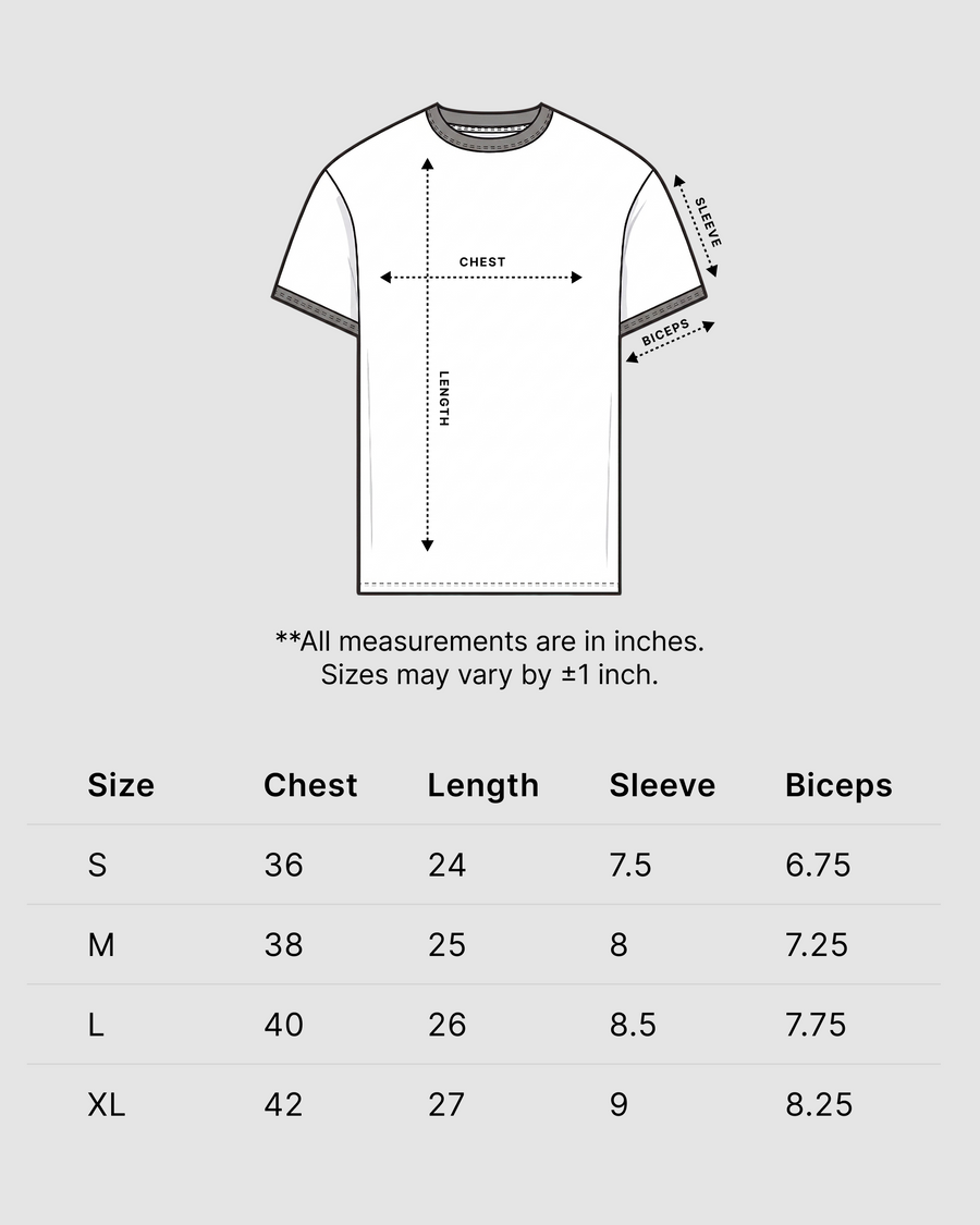 Mousse & Cream Ringer T-Shirt | 220 GSM 96% Cotton Lycra Ringer Tee Size Chart