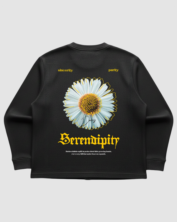 Serendipity Black Waffle Knit Oversized Full Sleeve T-Shirt | 240 GSM Cotton Graphic Tee