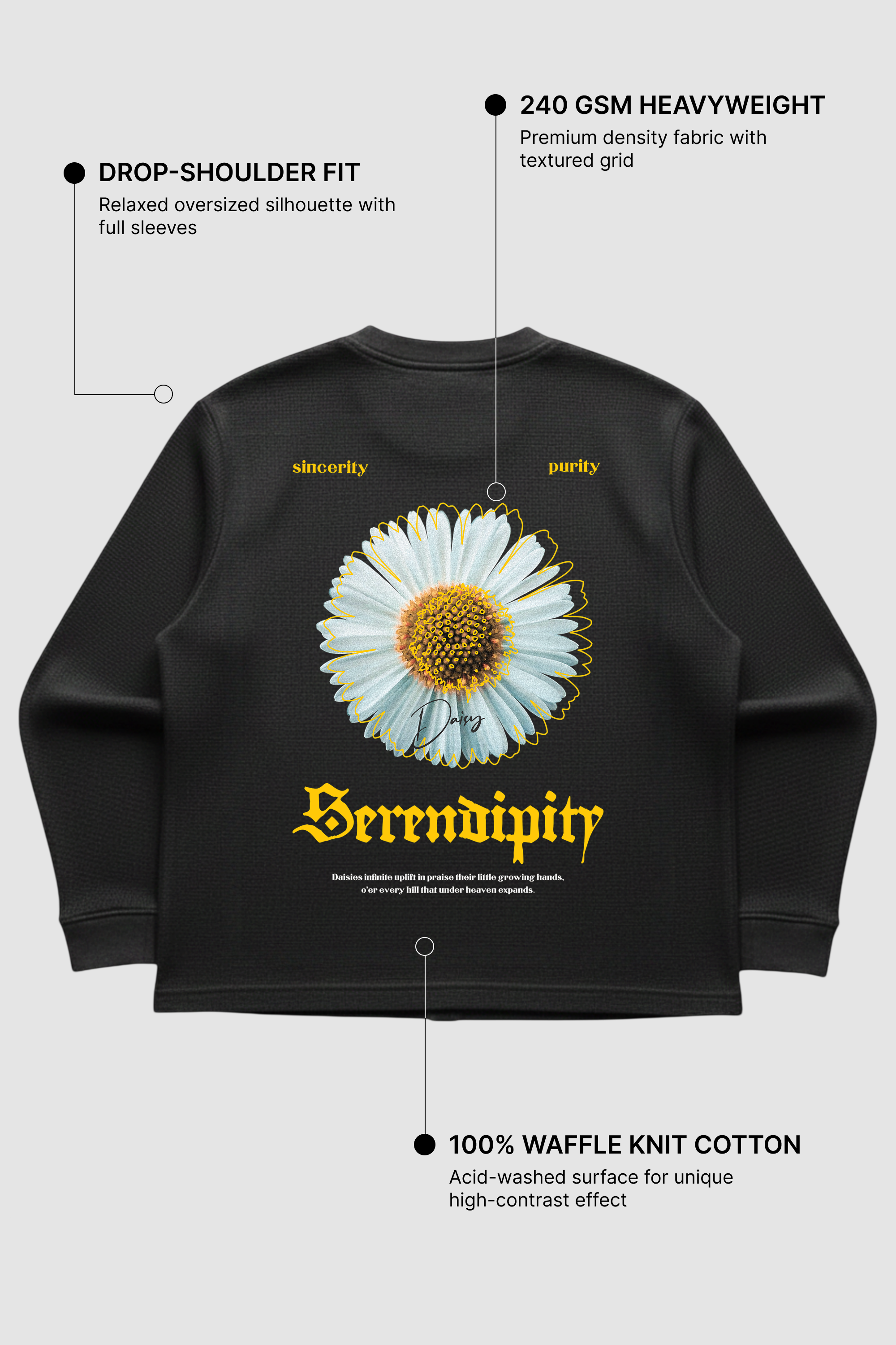 Serendipity Black Waffle Knit Oversized Full Sleeve T-Shirt | 240 GSM Cotton Graphic Tee