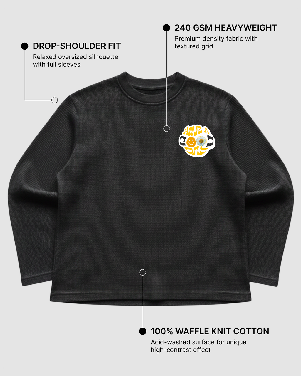 Serendipity Black Waffle Knit Oversized Full-Sleeve T-Shirt | 240 GSM Cotton Graphic Tee