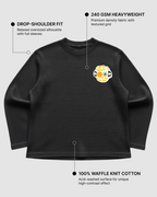 Serendipity Black Waffle Knit Oversized Full-Sleeve T-Shirt | 240 GSM Cotton Graphic Tee
