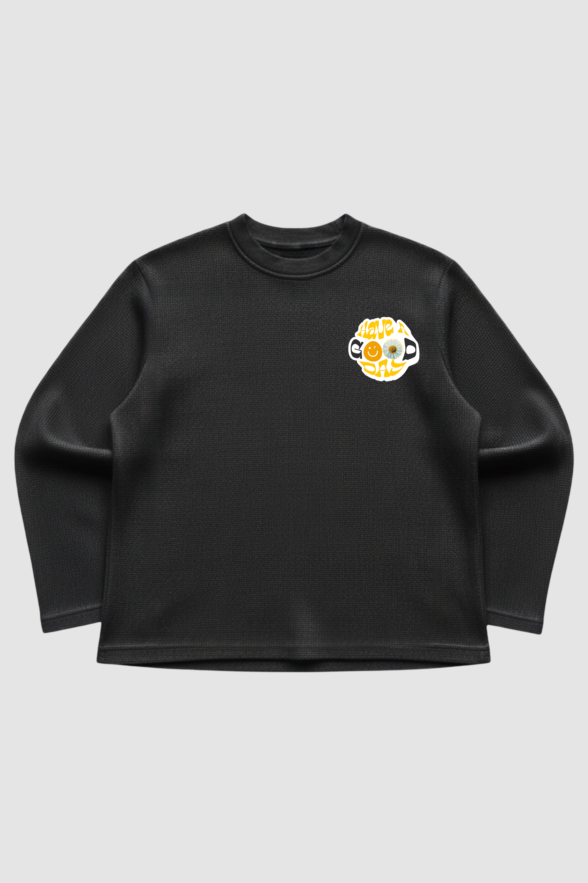 Serendipity Black Waffle Knit Oversized Full Sleeve T-Shirt | 240 GSM Cotton Graphic Tee