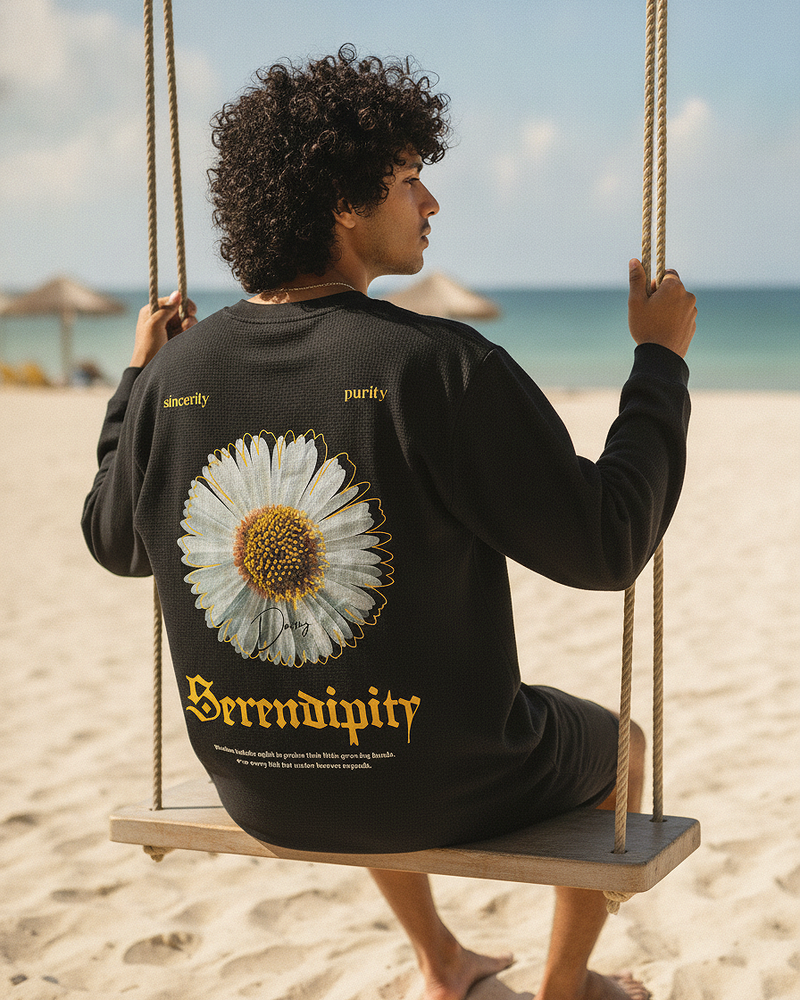 Serendipity Black Waffle Knit Oversized Full Sleeve T-Shirt | 240 GSM Cotton Graphic Tee