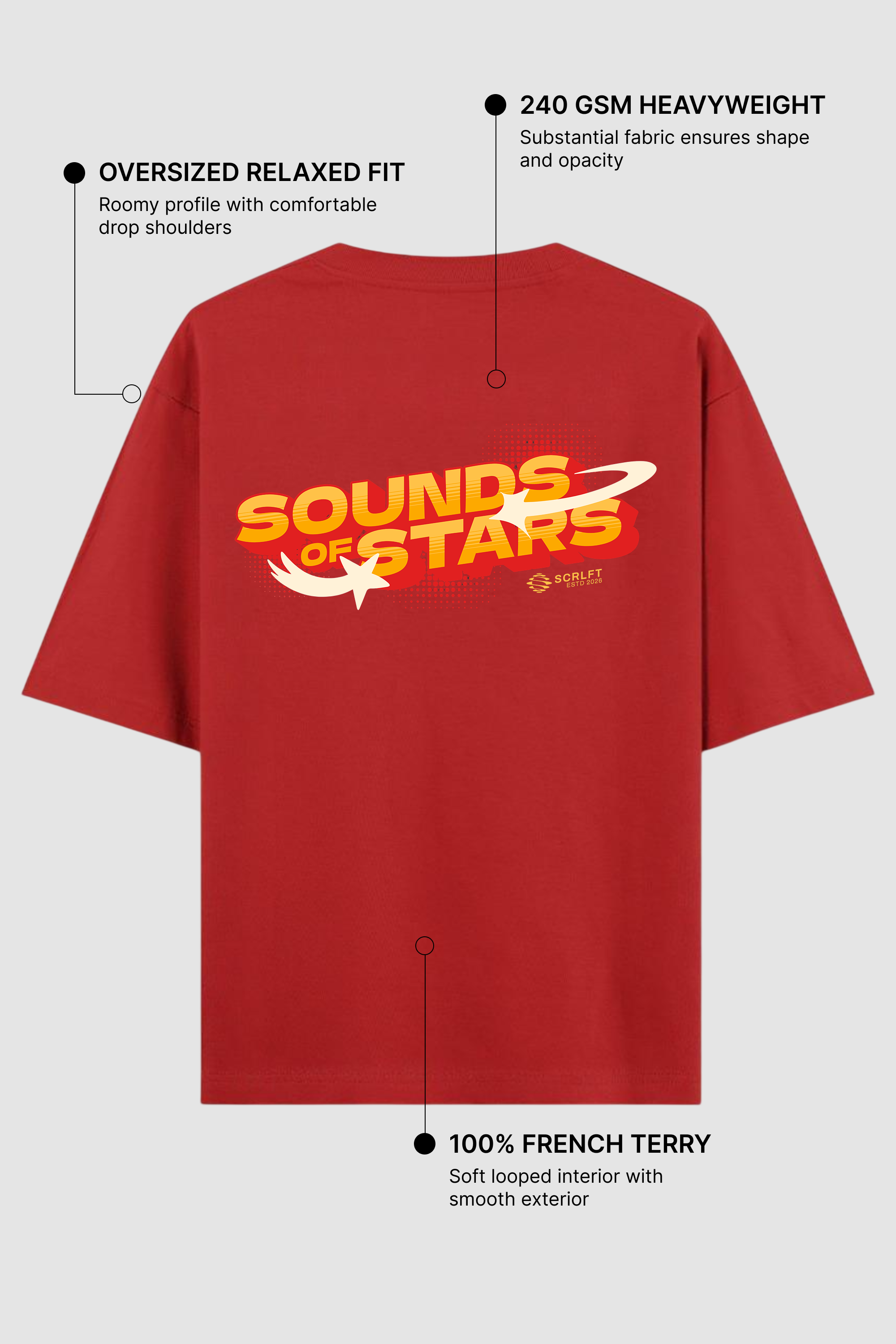 Sounds of Stars Red Oversized T-Shirt | 240 GSM French Terry Cotton Graphic Tee