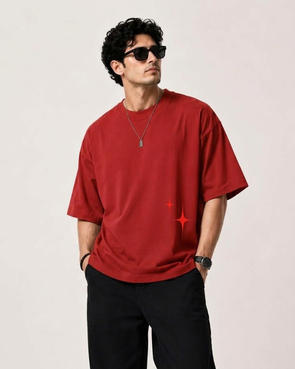 Sounds of Stars Red Oversized T-Shirt | 240 GSM French Terry Cotton Graphic Tee