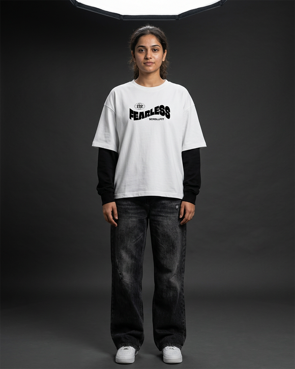 The Fearless Oversized Tee | 240 GSM French Terry Cotton White with Black Sleeves