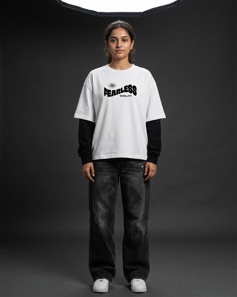 The Fearless Oversized Tee | 240 GSM French Terry Cotton White with Black Sleeves