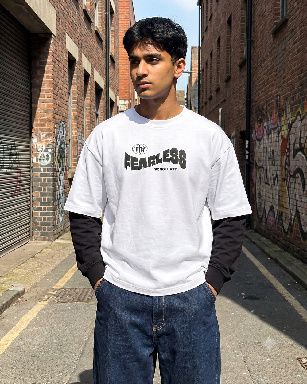 The Fearless Oversized Tee | 240 GSM French Terry Cotton White with Black Sleeves