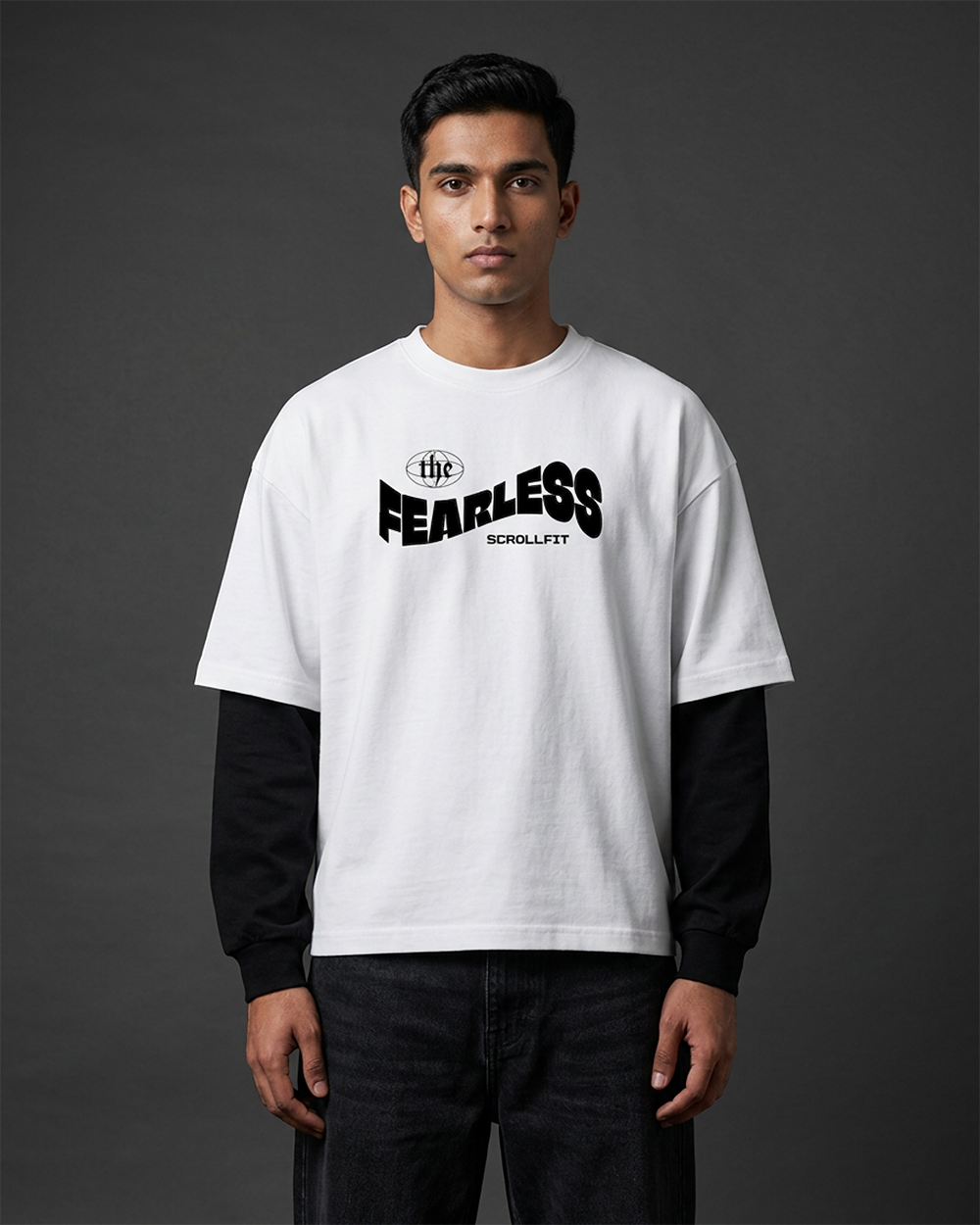 The Fearless Oversized Tee | 240 GSM French Terry Cotton White with Black Sleeves