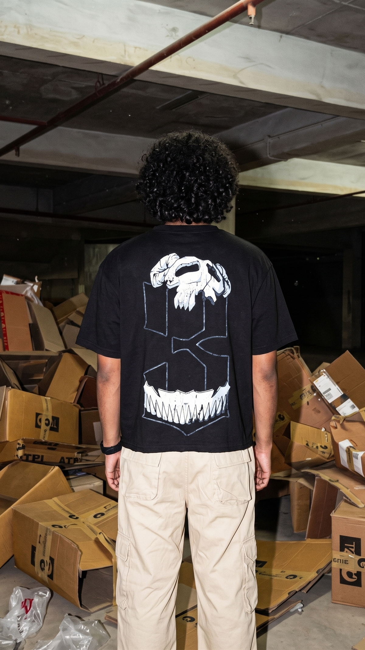 A person standing with their back to the camera in a warehouse-like setting filled with cardboard boxes, wearing a Scrollfit black t-shirt with a large white graphic print on the back and beige cargo pants.