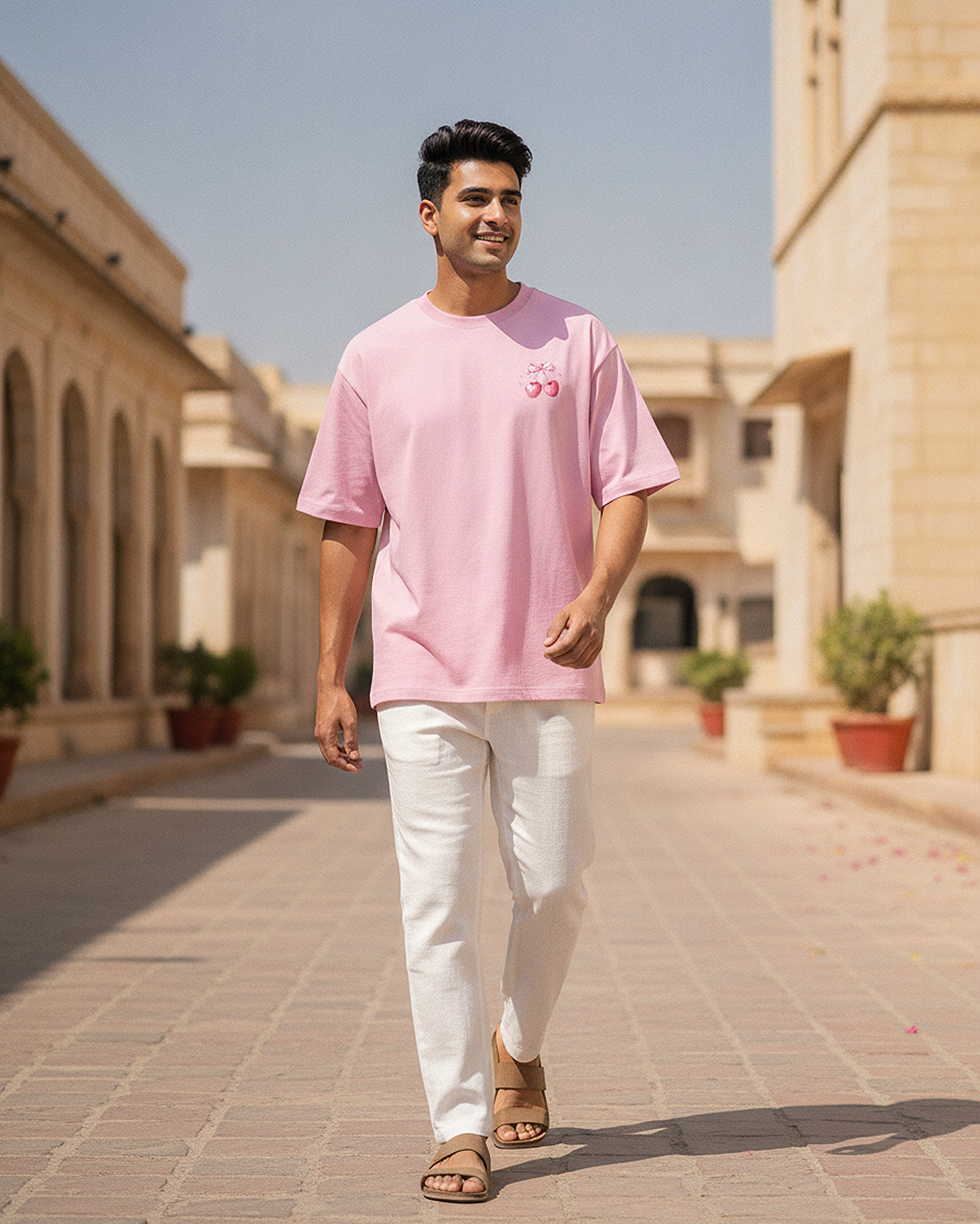Tied With Sweetness Baby Pink Oversized Tee | 240 GSM French Terry Cotton Graphic Tee