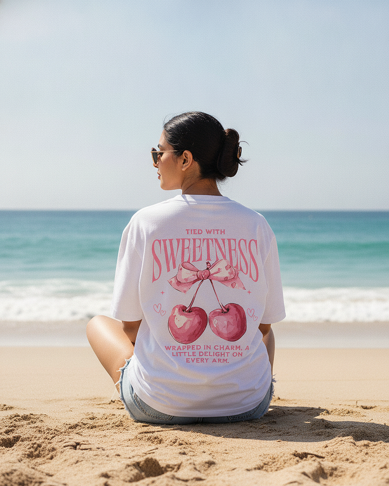 Tied With Sweetness White Oversized T-Shirt | 240 GSM French Terry Cotton Graphic Tee