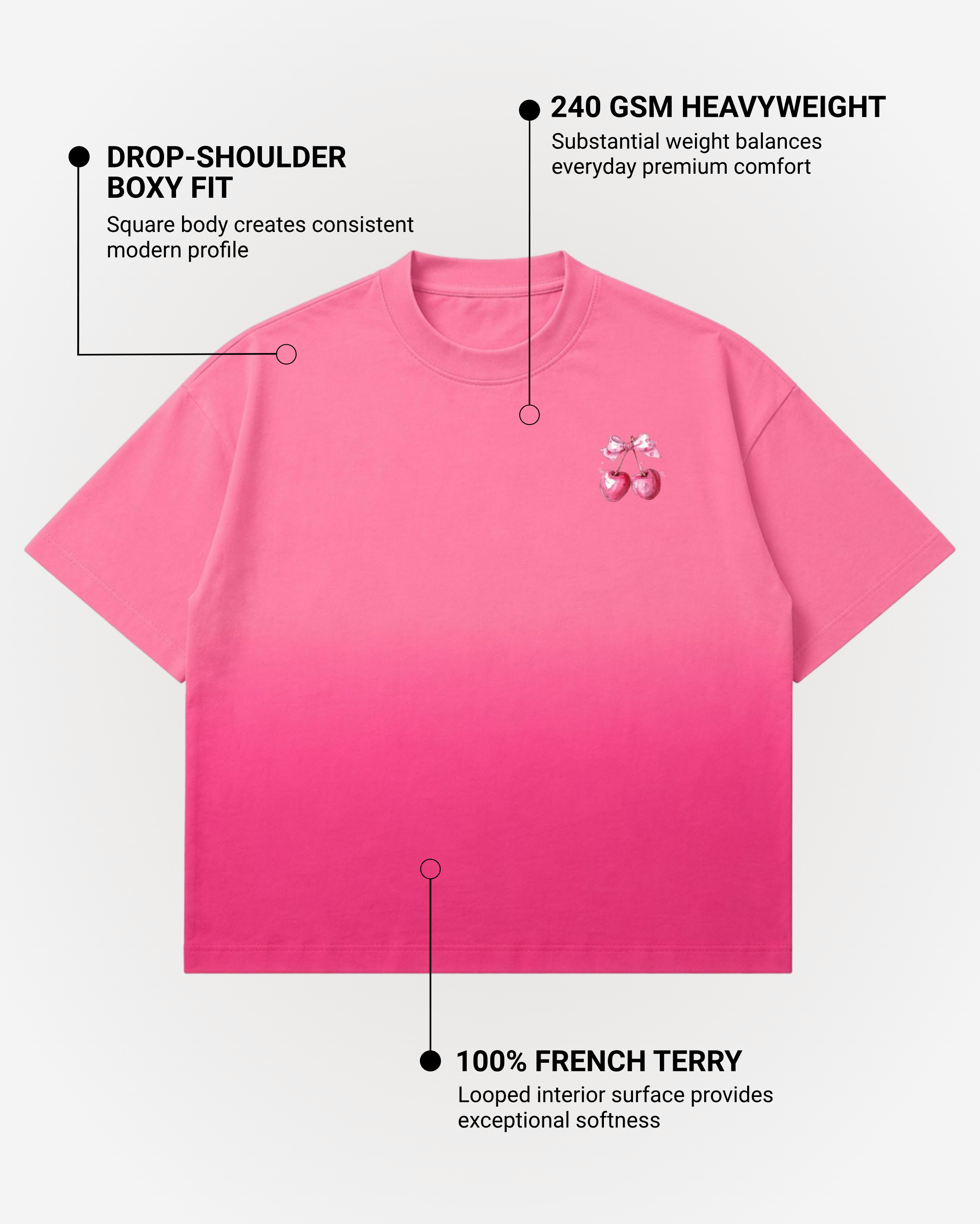Tied With Sweetness Graphic Boxy Fit T-Shirt | 240 GSM French Terry Pink Sunfade Ombré Wash Graphic Tee