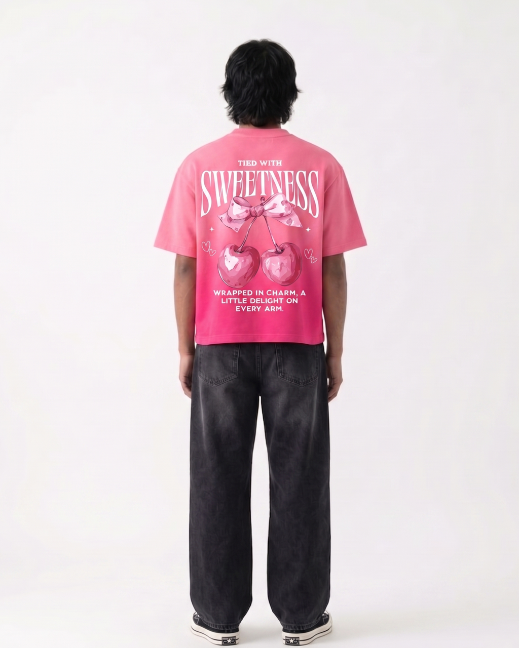 Tied With Sweetness Graphic Boxy Fit T-Shirt | 240 GSM French Terry Pink Sunfade Ombré Wash Graphic Tee