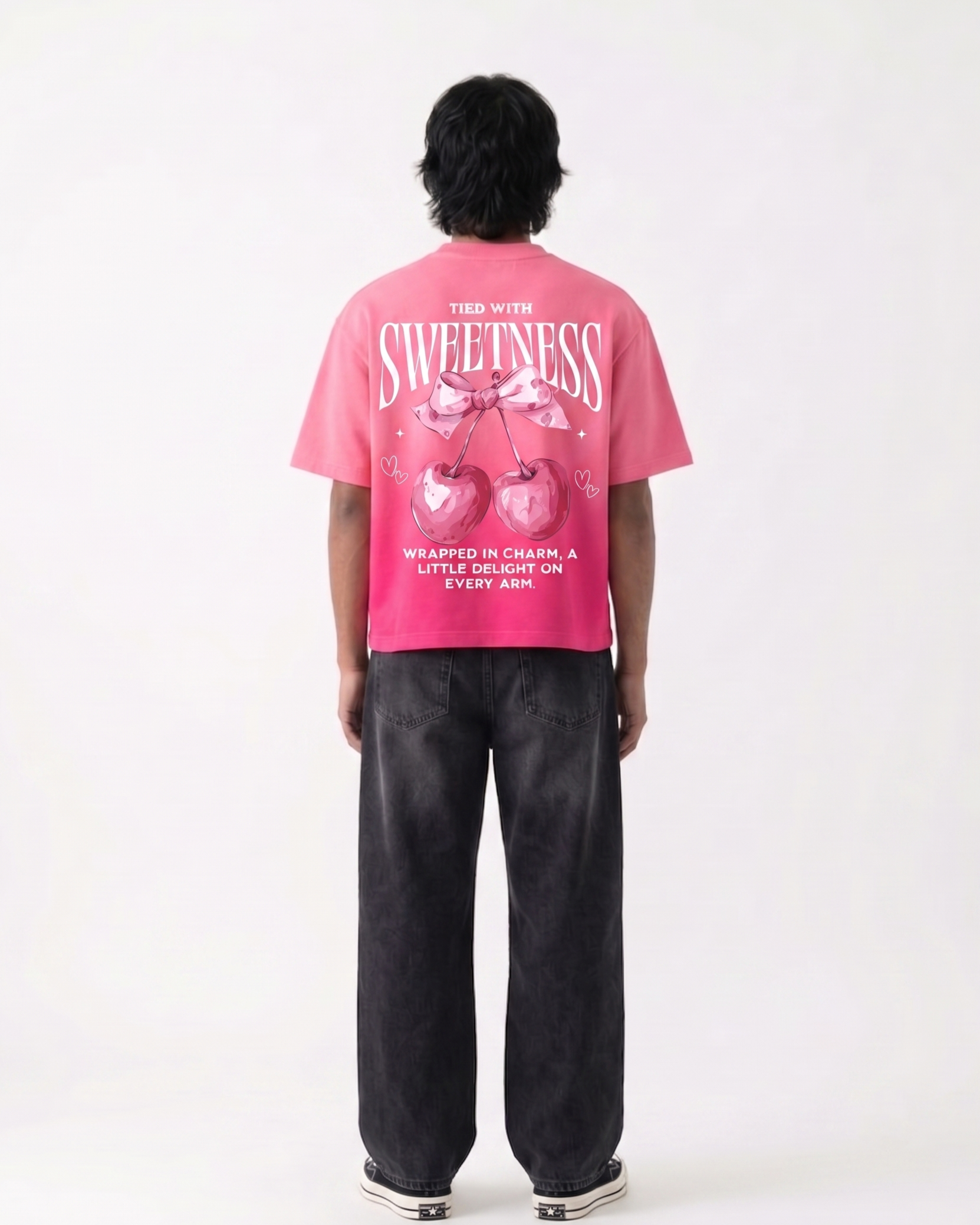 Tied With Sweetness Graphic Boxy Fit T-Shirt | 240 GSM French Terry Pink Sunfade Ombré Wash Graphic Tee