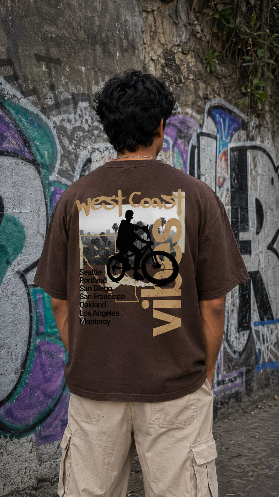 A man viewed from behind wearing a Scrollfit brown graphic t-shirt with a West Coast Vibes biker print, paired with beige cargo shorts, standing in front of a graffiti-covered wall.