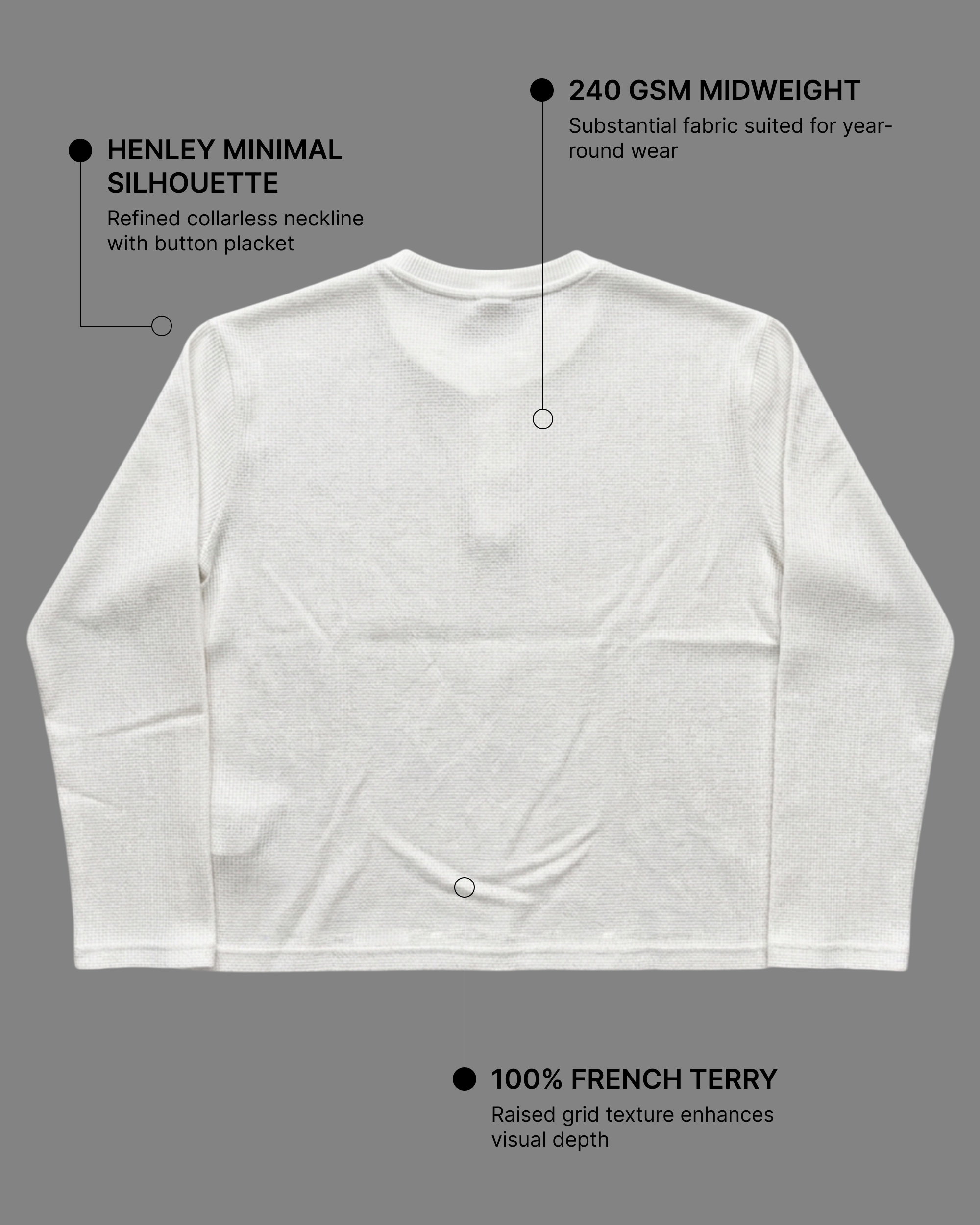 White Henley Waffle Knit T-Shirt | 240 GSM Waffle Knit Cotton Henley Tee