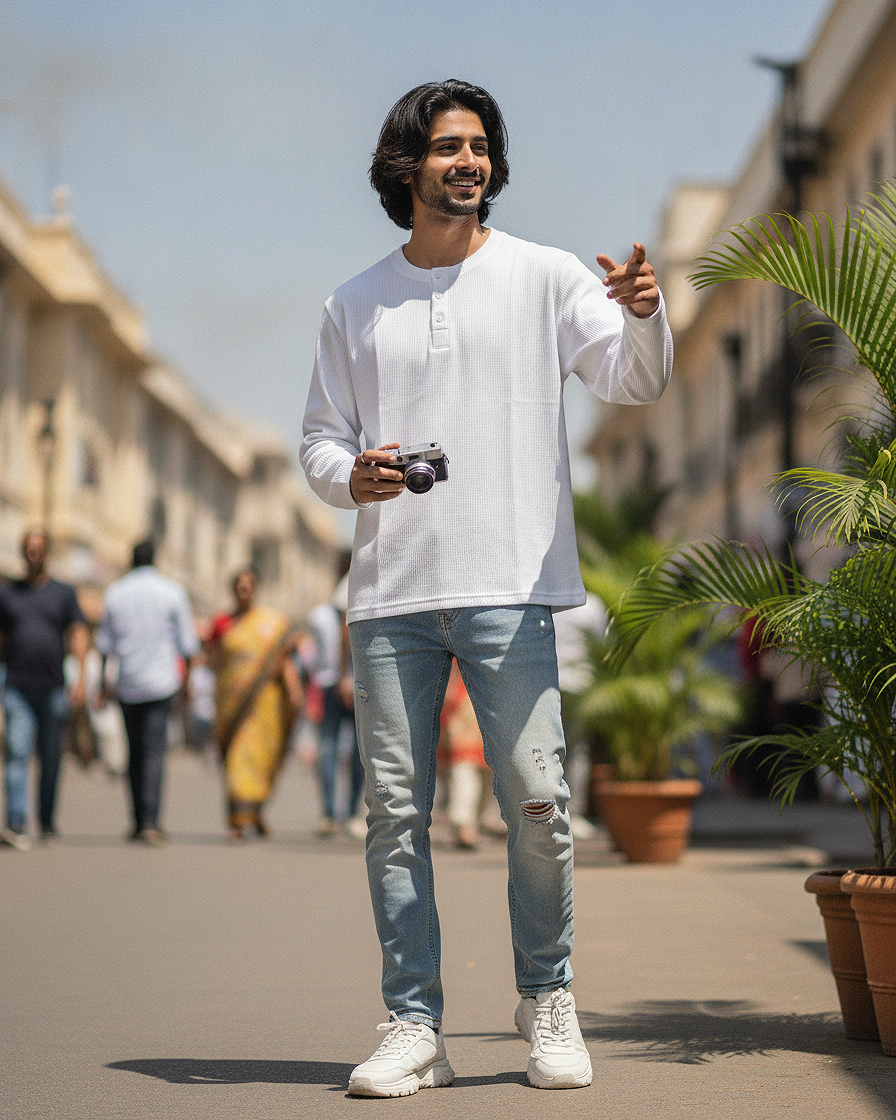 White Henley Waffle Knit T-Shirt | 240 GSM Waffle Knit Cotton Henley Tee