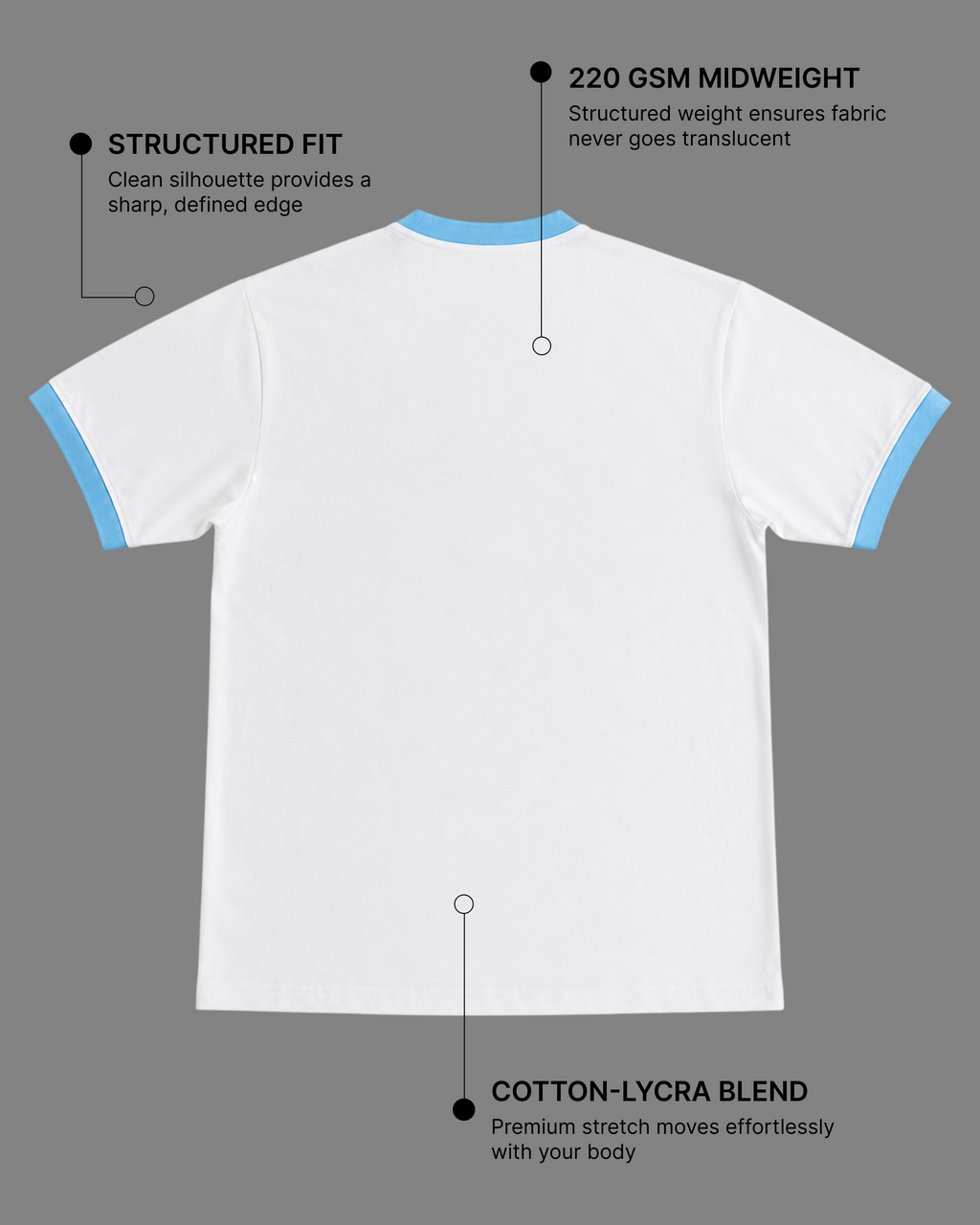 White & Sky Blue Ringer T-Shirt | 220 GSM 96% Cotton Lycra Ringer Tee