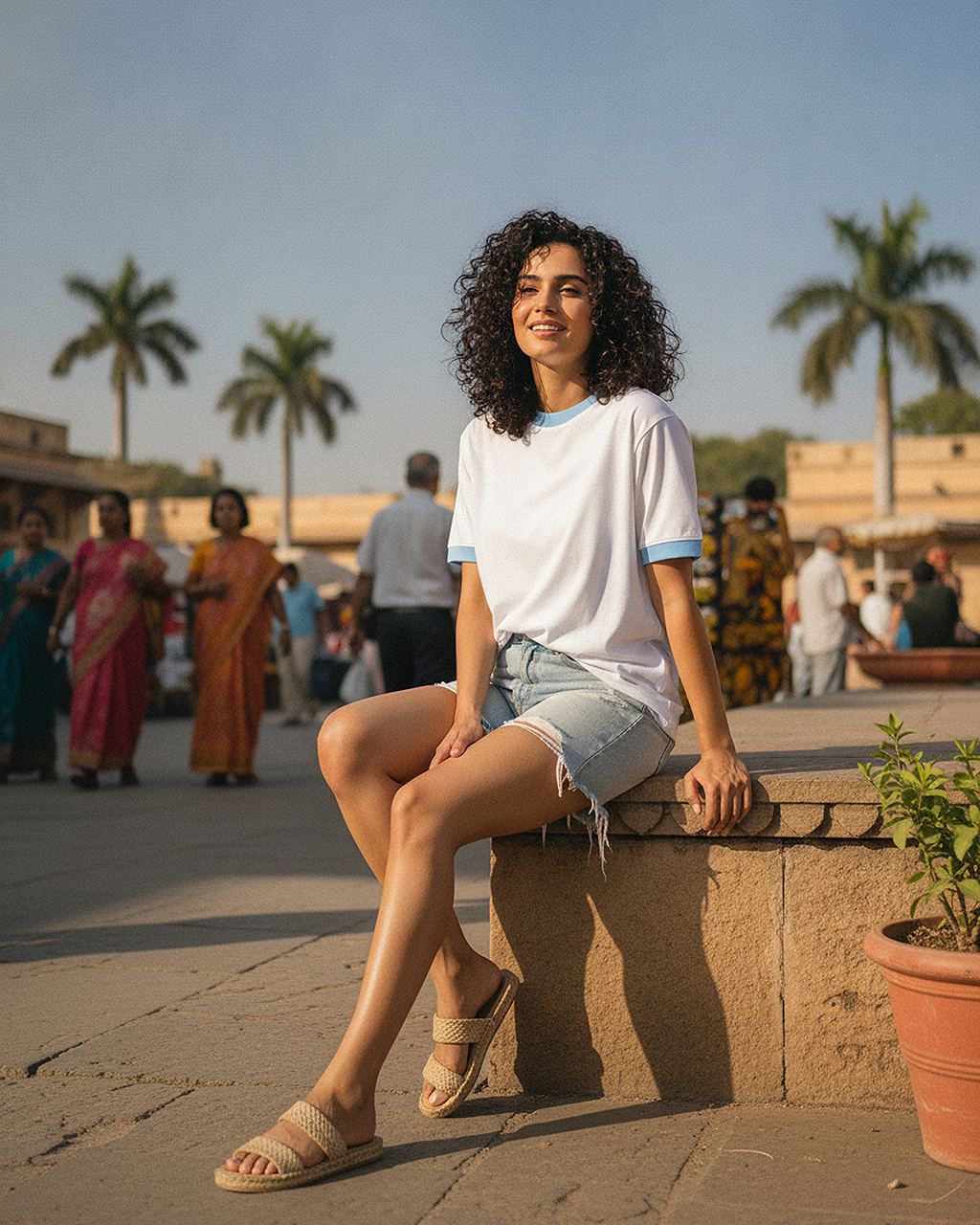 Woman sitting on a stone bench wearing White & Sky Blue Ringer T-Shirt with palm trees and people in the background