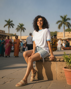Woman sitting on a stone bench wearing White & Sky Blue Ringer T-Shirt with palm trees and people in the background