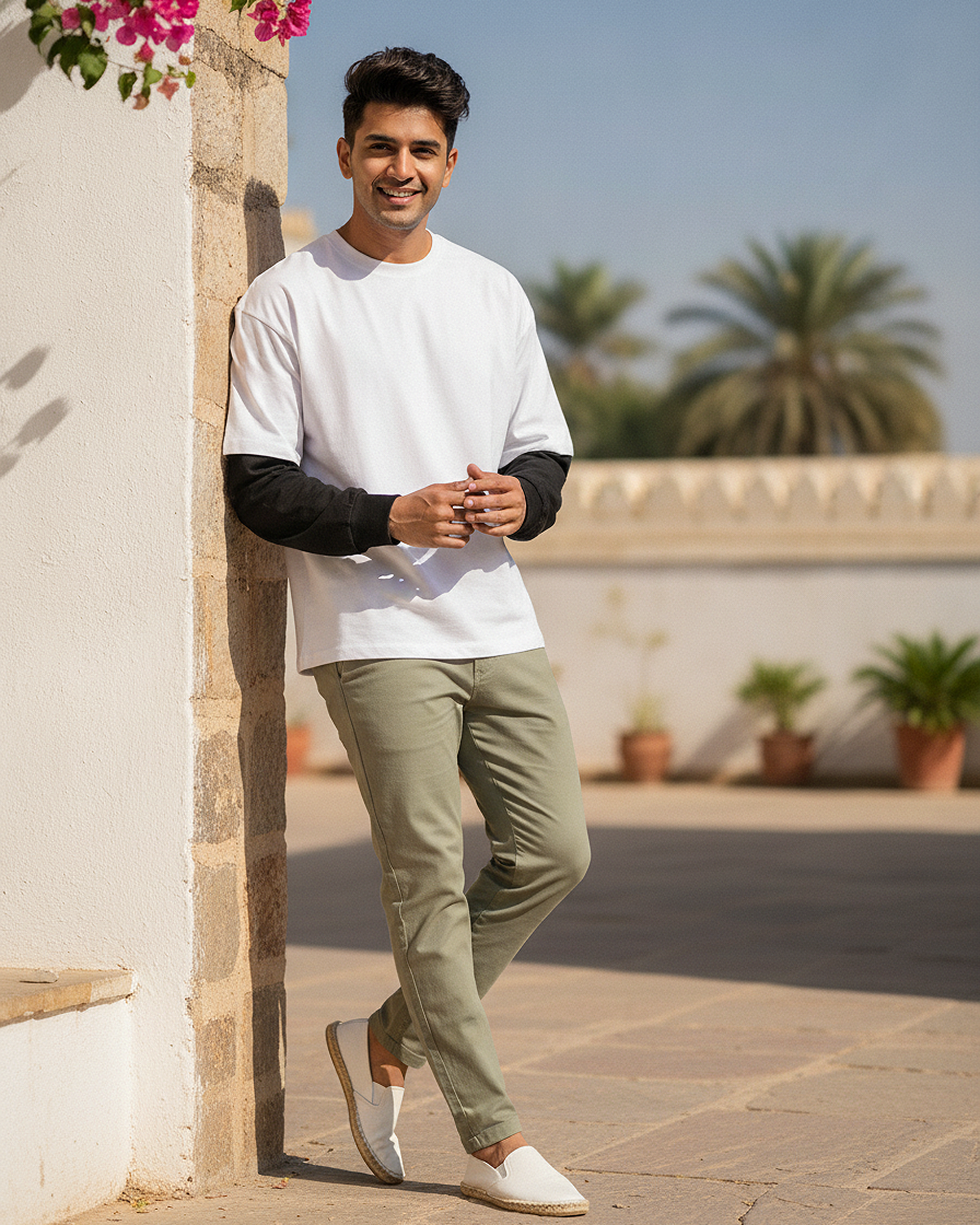 White With Black Sleeve Oversized T-Shirt | 240 GSM French Terry Cotton Oversized Tee