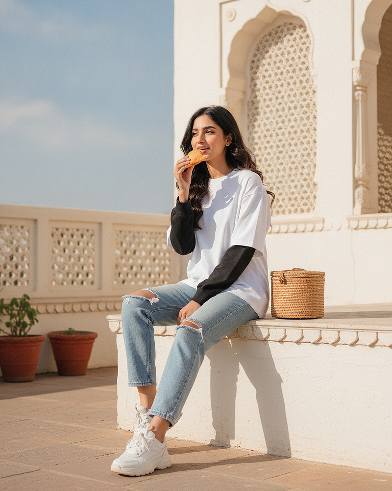 White With Black Sleeve Oversized T-Shirt | 240 GSM French Terry Cotton Oversized Tee