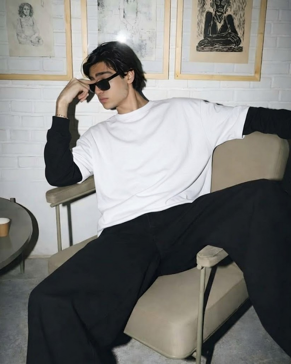 White With Black Sleeve Oversized T-Shirt | 240 GSM French Terry Cotton Oversized Tee