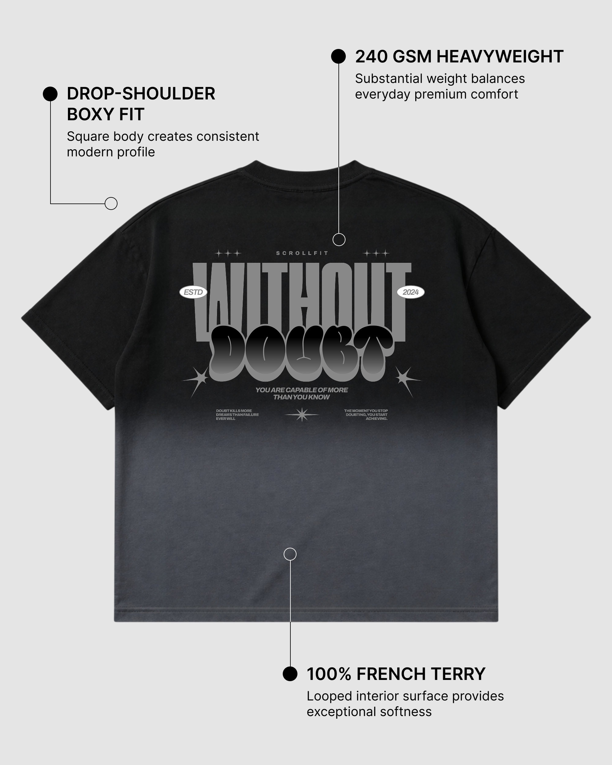 Without Doubt Graphic Boxy Fit T-Shirt | 240 GSM French Terry Black Ombré Wash Graphic Tee