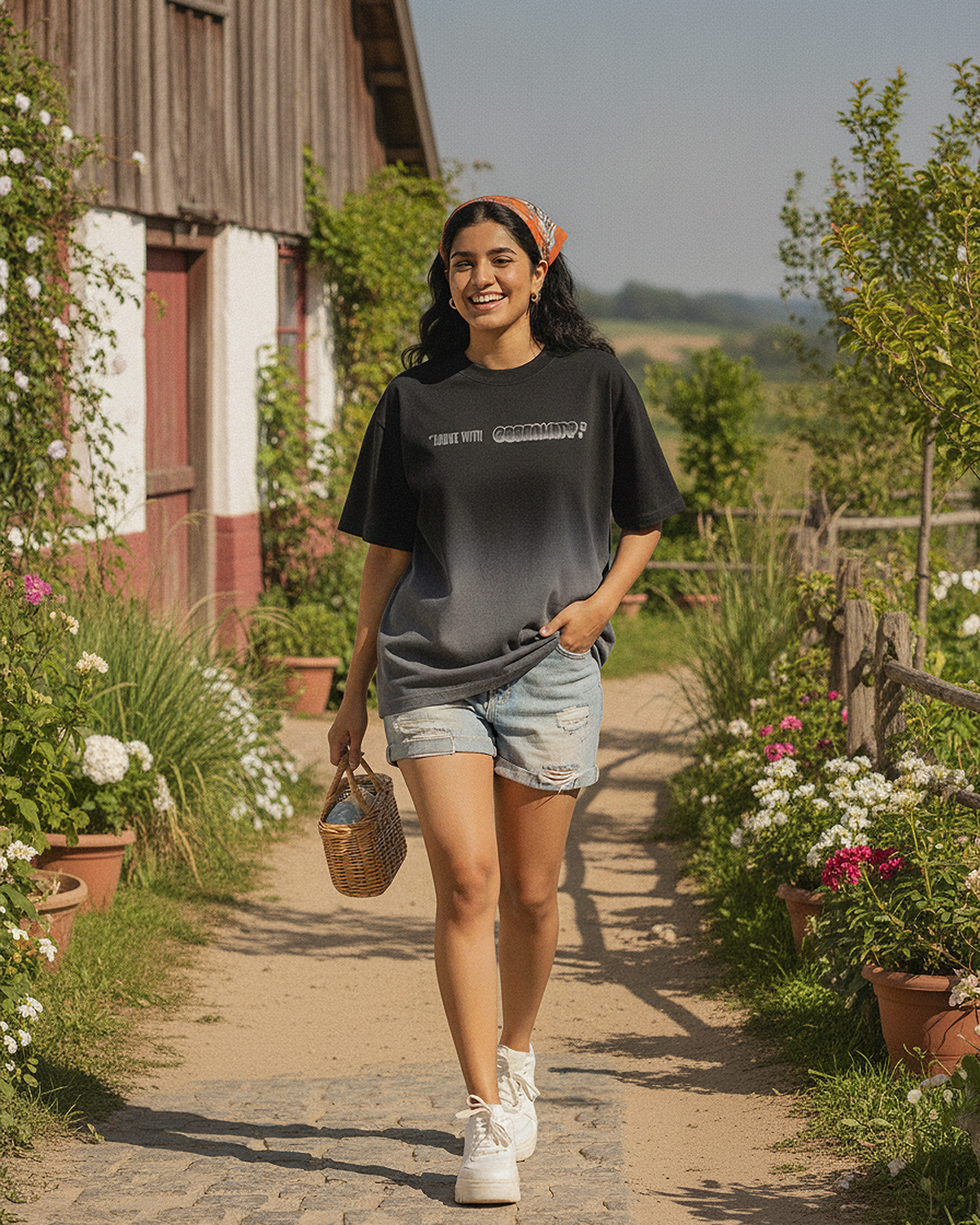 Woman walking in a garden path with a rustic building in the background wearing Without Doubt Graphic Boxy Fit T-Shirt.