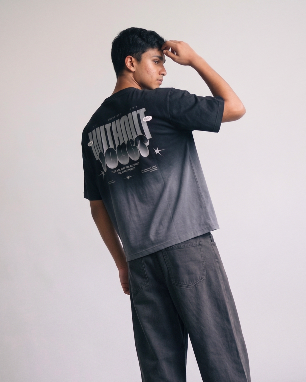 Without Doubt Boxy Fit T-Shirt | 240 GSM French Terry Black Ombré Wash Graphic Tee