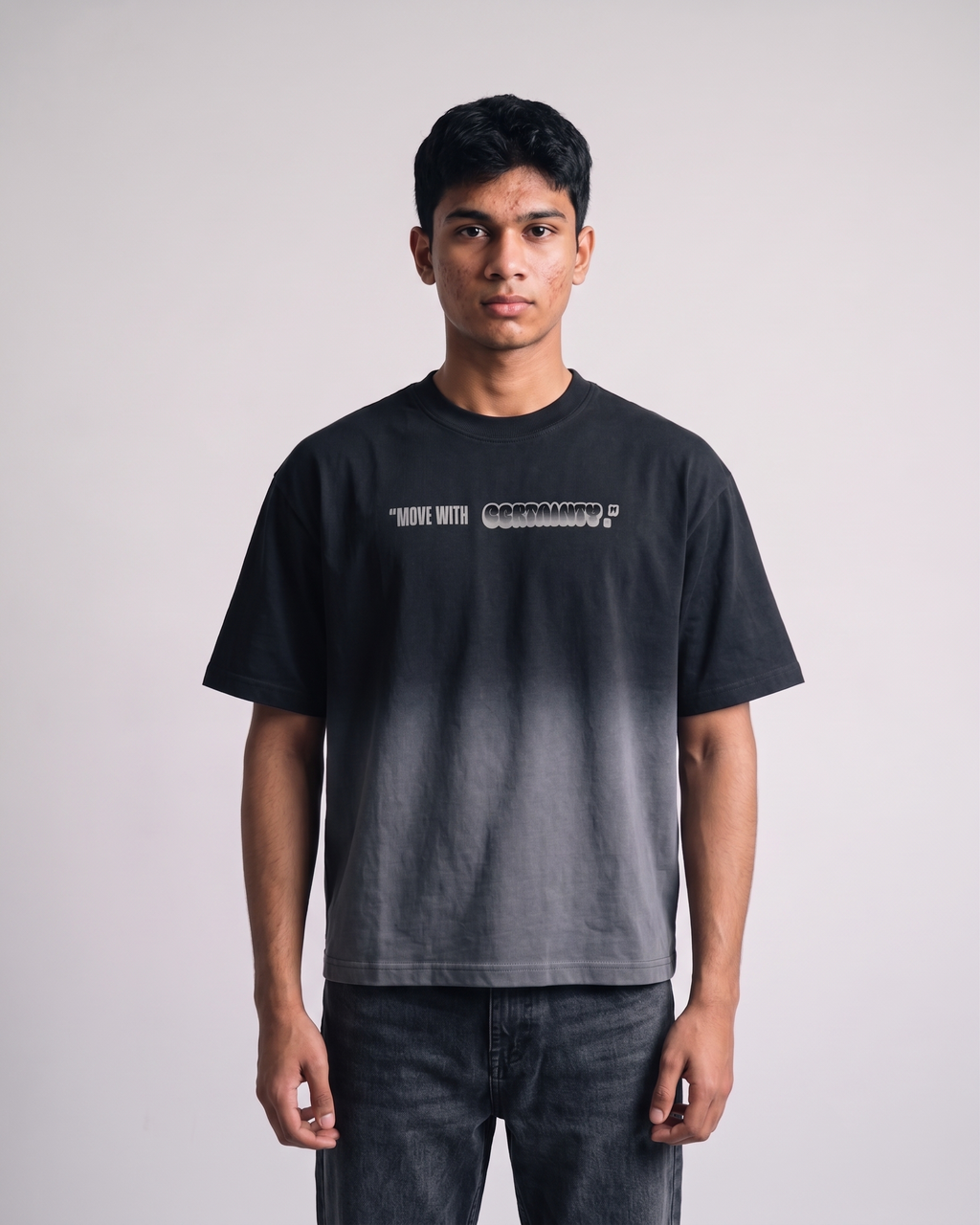 Without Doubt Boxy Fit T-Shirt | 240 GSM French Terry Black Ombré Wash Graphic Tee